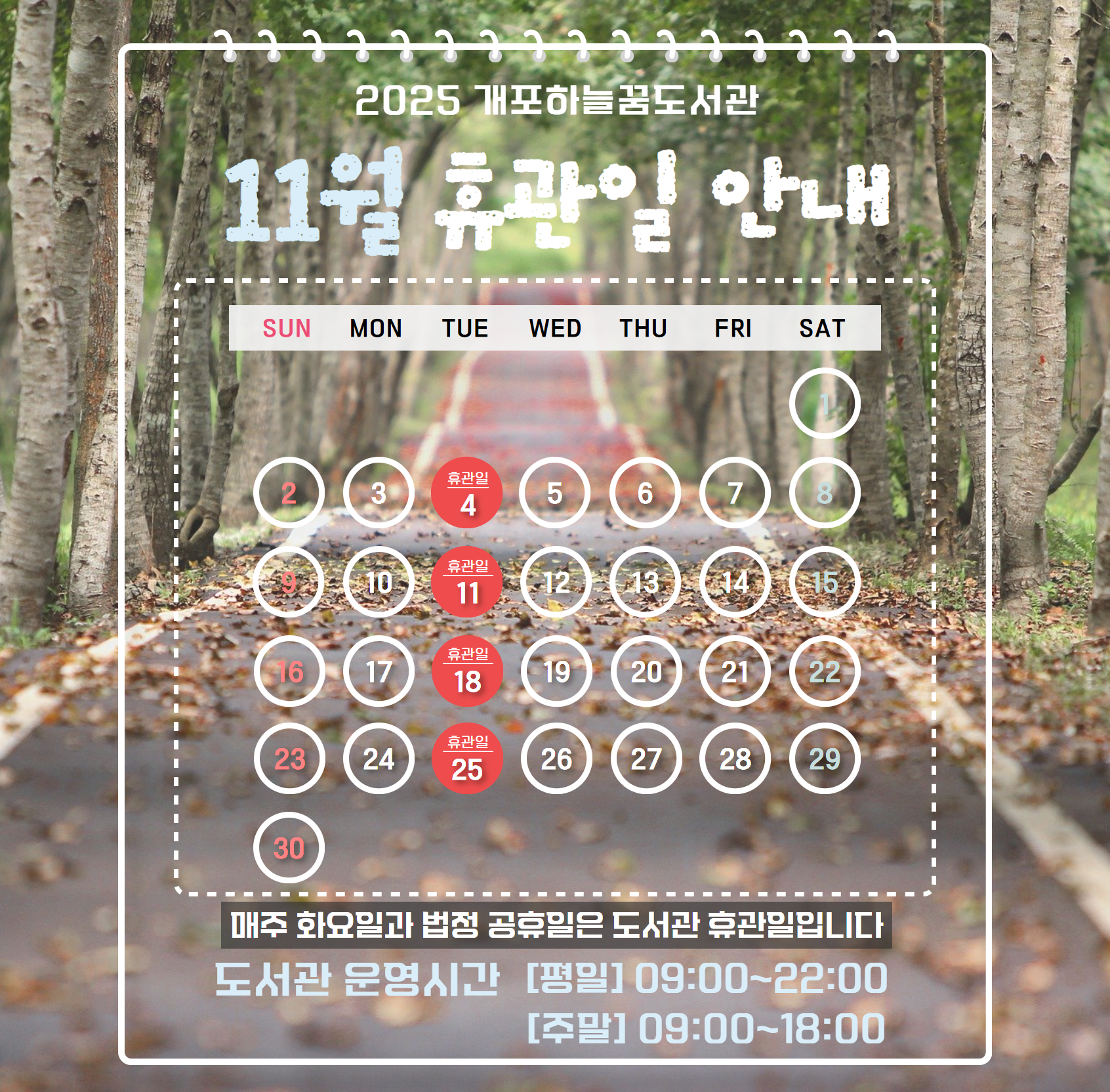 2025년 11월 휴관일 11월 휴관일