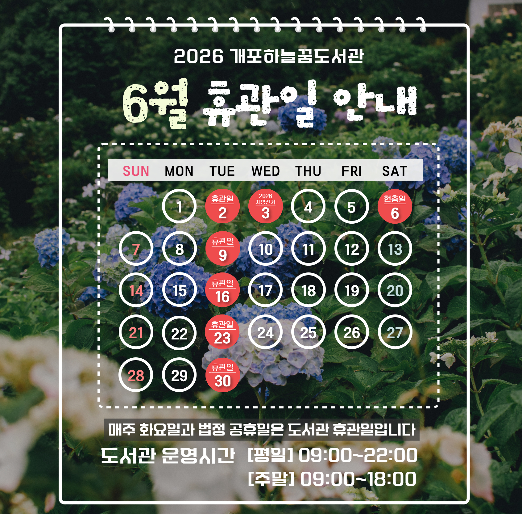 개포하늘꿈도서관 6월 휴관일 6월 휴관일